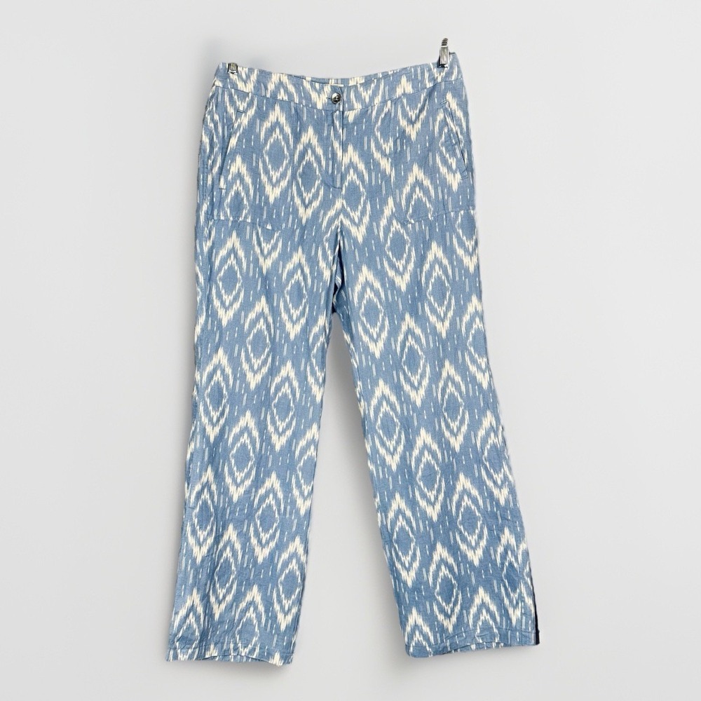 Chico's 0.5/SM/6 White Blue Southwestern Aztec Relaxed Zip Linen Pants 33W 30.5L